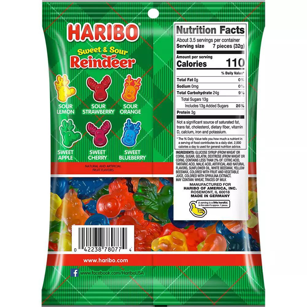 Haribo Sweet & Sour Gummi Reindeer 4oz - 12ct