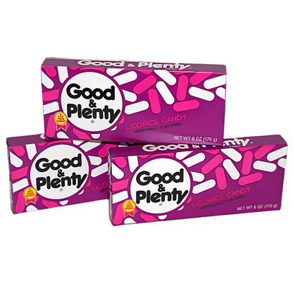 Good & Plenty Theater Box featuring chewy black licorice centers covered in classic pink-and-white candy shells.