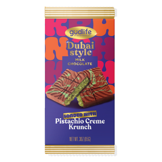 Gudlife Dubai Milk Chocolate Pistachio Creme Bar 3oz - 24ct