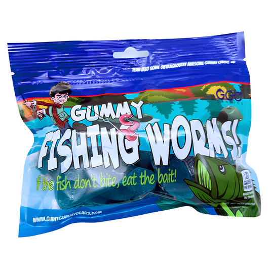A bag of Snitz Gummy Fishing Worms bait, featuring a blue and green cartoon-style package with a cartoon worm and a fishing worm.