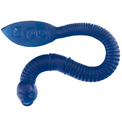 A blue silicone worm-style fishing lure with a ribbed body and a flat head.