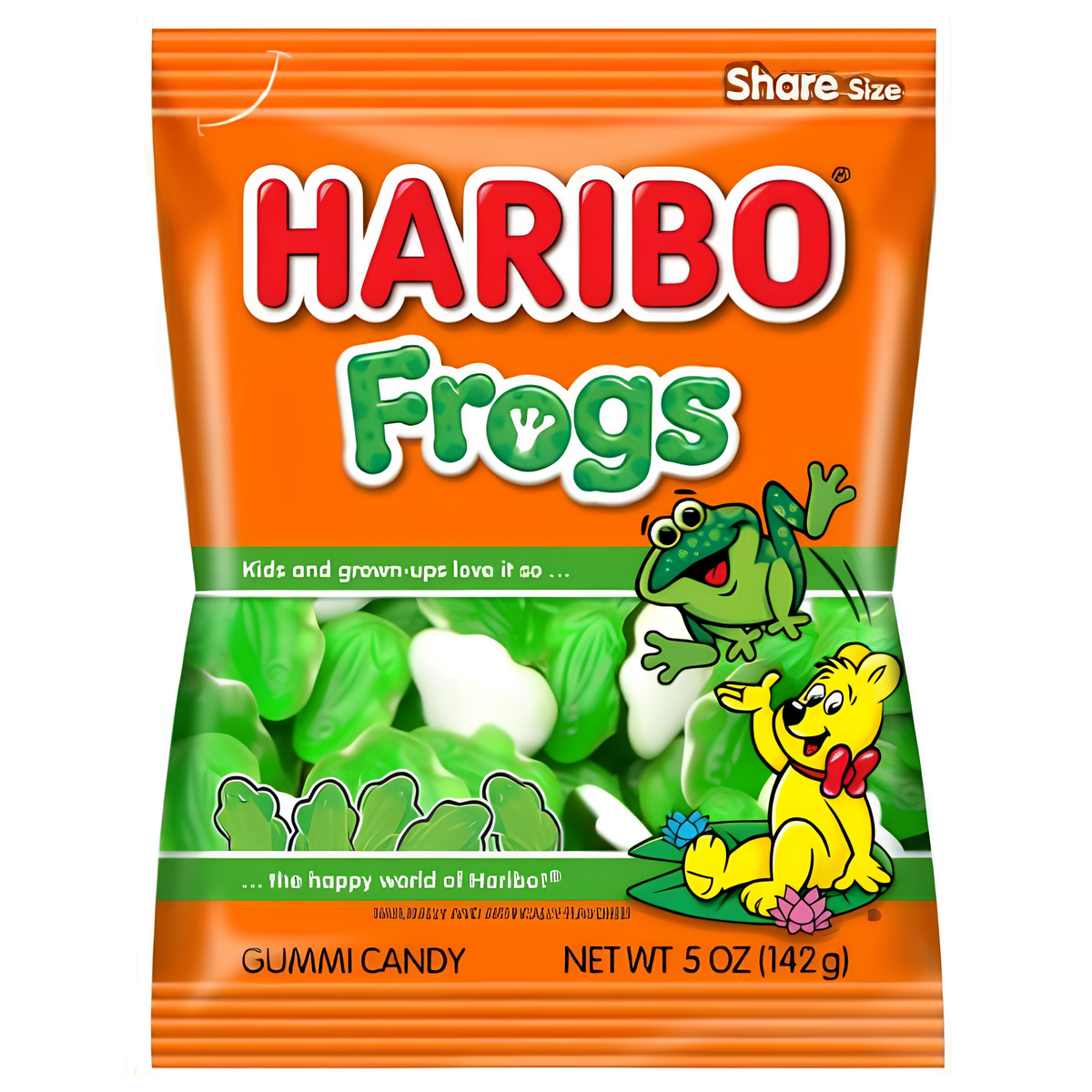 A bag of Haribo Frogs gummi candy, featuring a bright orange wrapper with the brand name in large red letters, green 'Frogs' text, a cartoon green frog, and a yellow character.