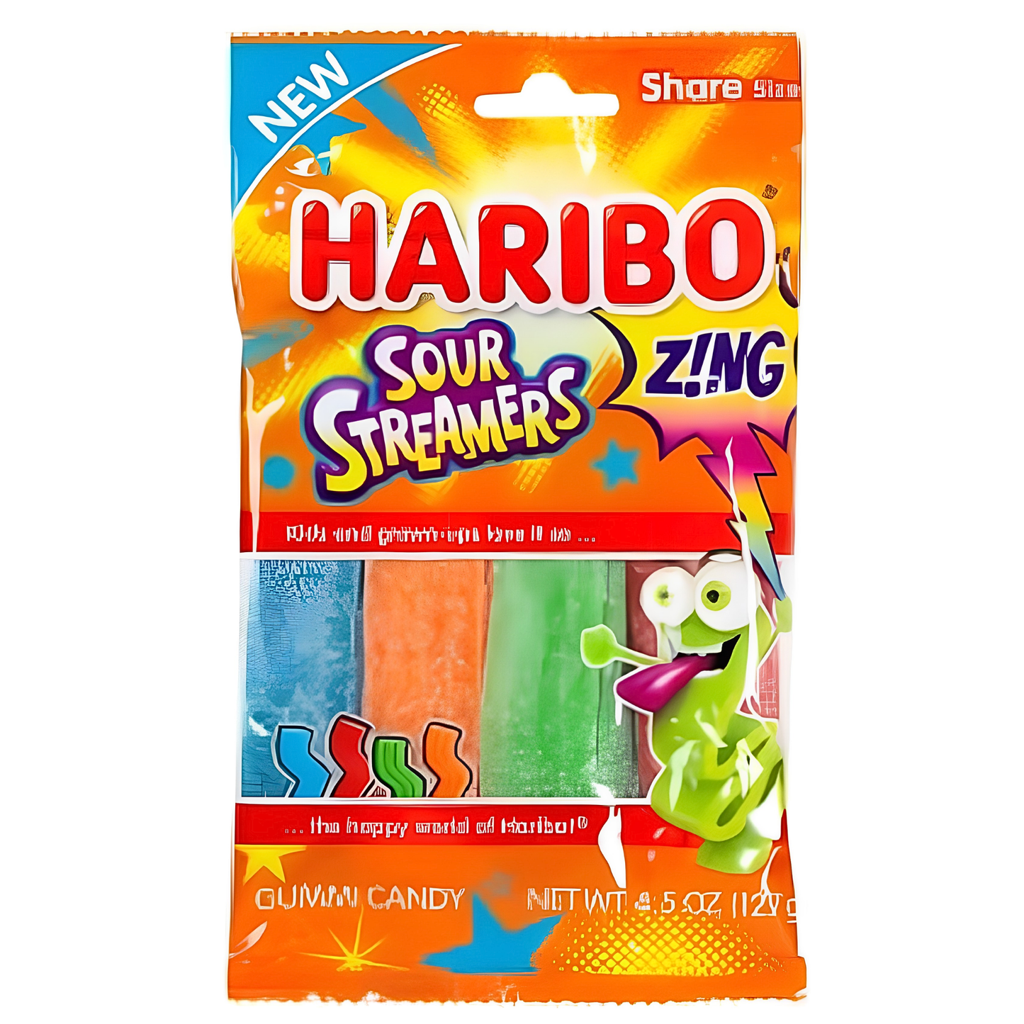 Haribo Zing Sour Streamers featuring colorful streamer-shaped gummy candies with fruity flavors, a soft chewy texture, and a tangy sour sugar coating.