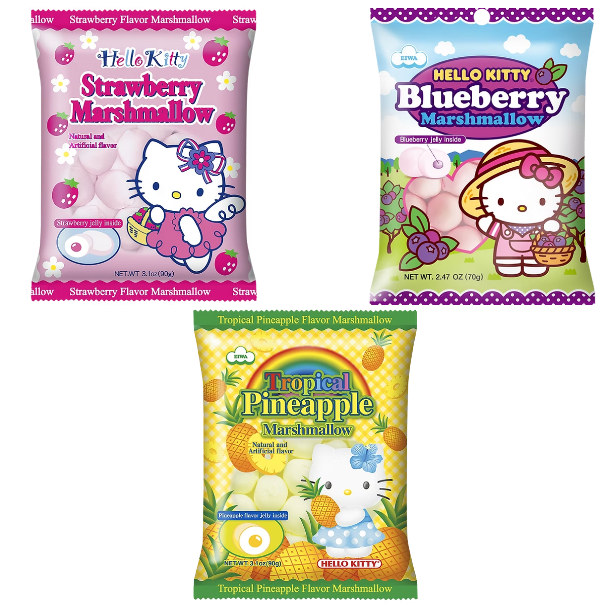 Hello Kitty  Asst Strawberry, Blueberry, Pineapple Marshmallow 3.1oz-36ct