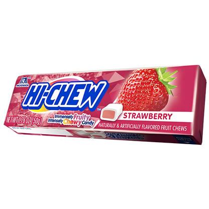Hi-Chew Strawberry Fruit Chews featuring individually packaged soft, chewy strawberry-flavored candy with sweet, juicy berry flavor.