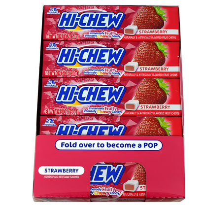 Hi-Chew Strawberry Fruit Chews featuring individually packaged soft, chewy strawberry-flavored candy with sweet, juicy berry flavor.