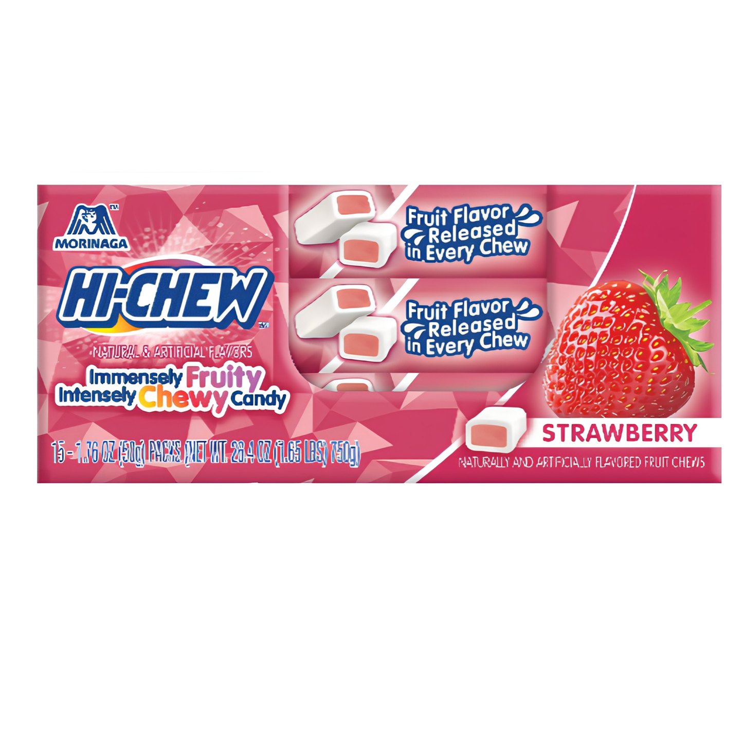 Hi-Chew Strawberry Fruit Chews featuring individually packaged soft, chewy strawberry-flavored candy with sweet, juicy berry flavor.