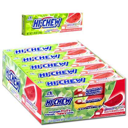Hi-Chew Watermelon Fruit Chews featuring individually packaged soft, chewy watermelon-flavored candy with juicy, refreshing fruit flavor.