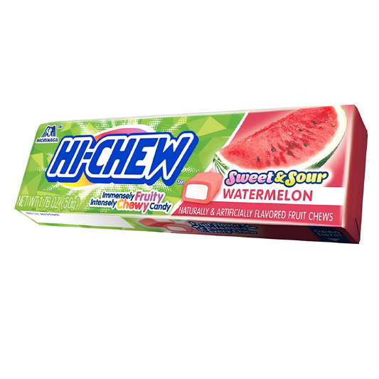 Hi-Chew Watermelon Fruit Chews featuring individually packaged soft, chewy watermelon-flavored candy with juicy, refreshing fruit flavor.