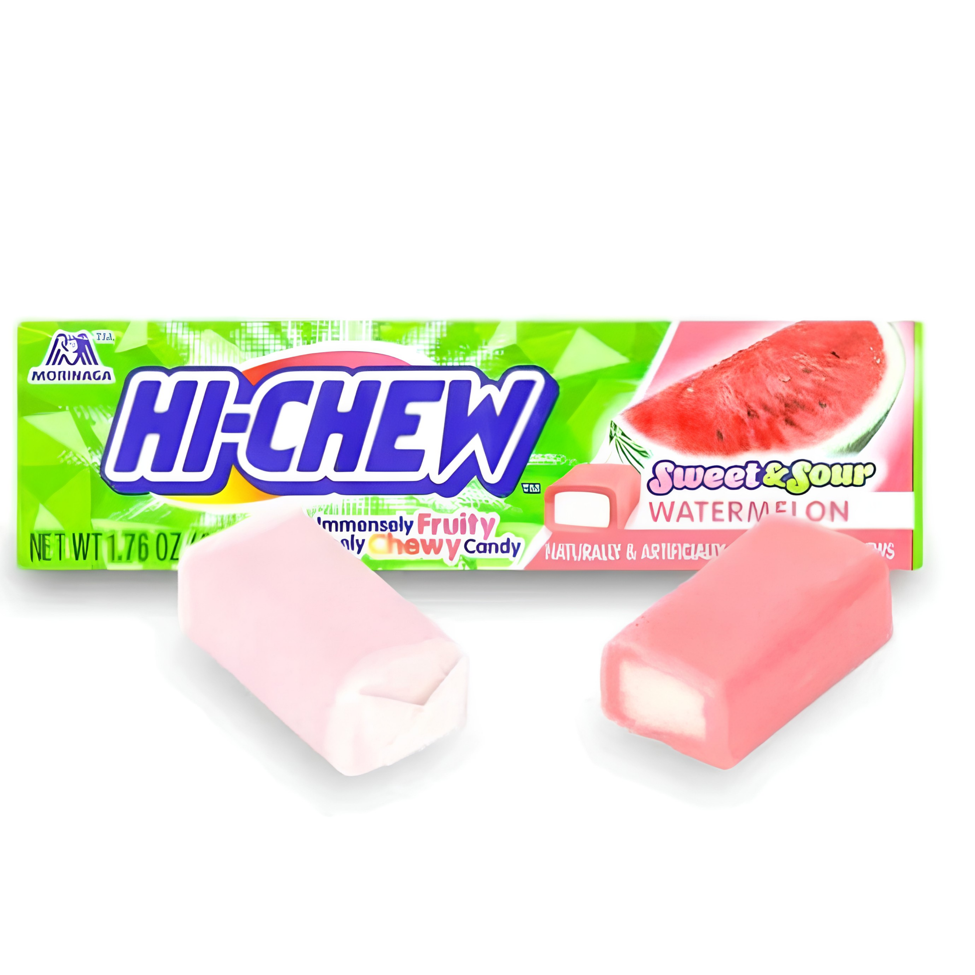 Hi-Chew Watermelon Fruit Chews featuring individually packaged soft, chewy watermelon-flavored candy with juicy, refreshing fruit flavor.