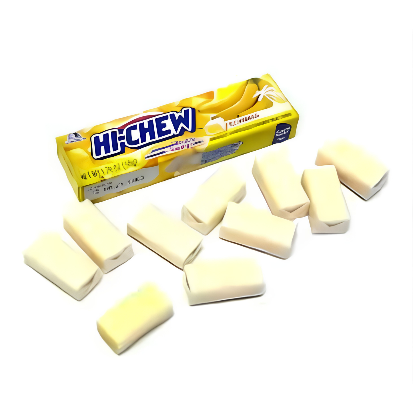 A pack of Hi-Chew banana-flavored gum alongside several unwrapped pale-yellow rectangular gum pieces.