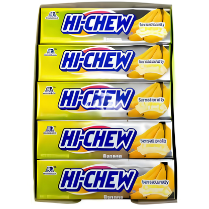 A stack of five Hi-Chew Banana gum packs arranged vertically inside a larger box.