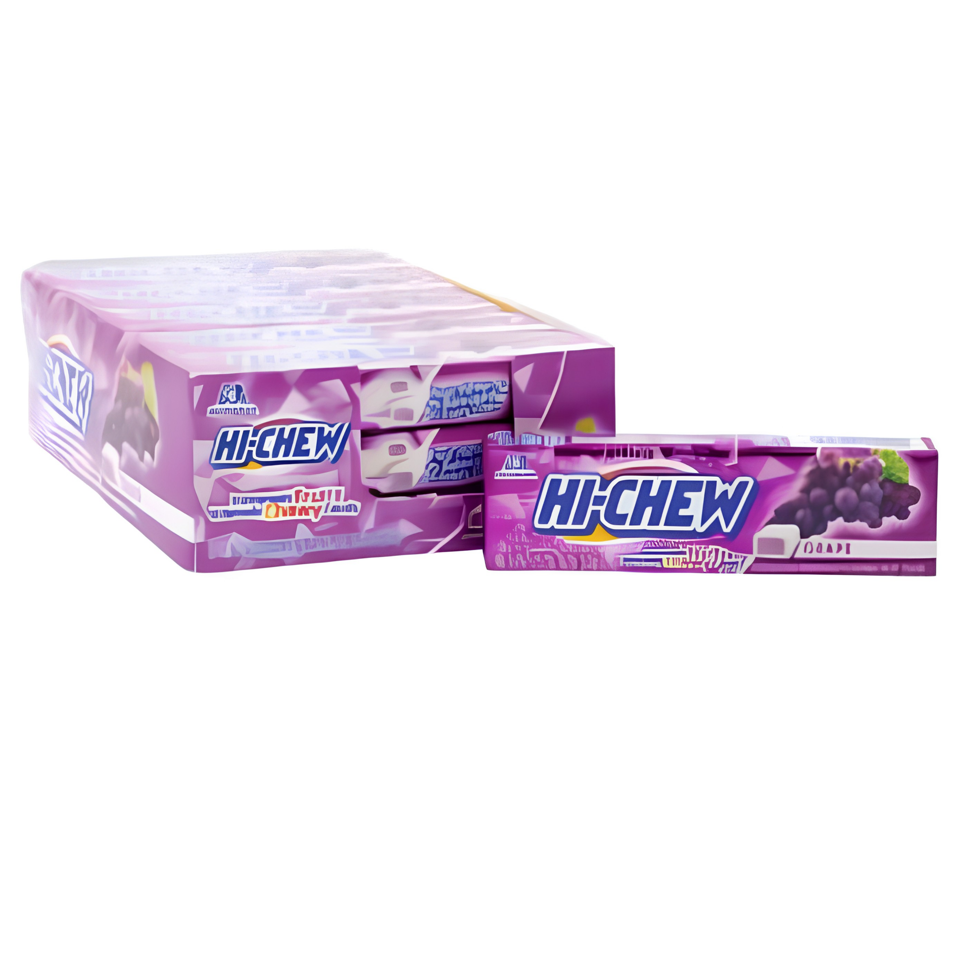 A box and individual pack of Hi-Chew grape-flavored gum.