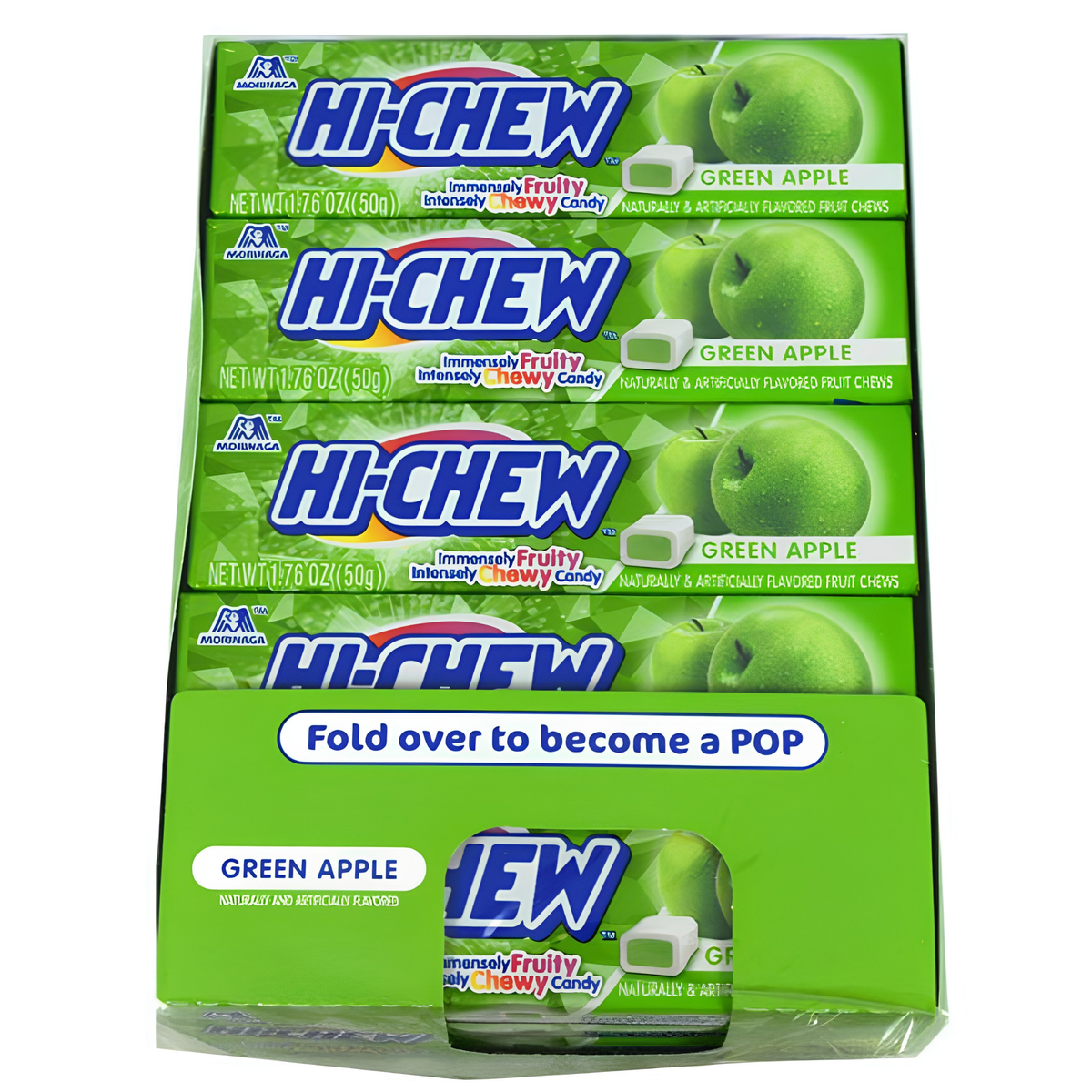 A pack of Hi Chew Green Apple Fruit Chews with a green and white wrapper, depicting the fruit chews and the brand logo.