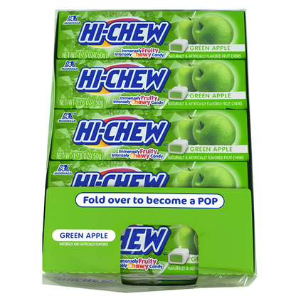 A pack of Hi Chew Green Apple Fruit Chews with a green and white wrapper, depicting the fruit chews and the brand logo.
