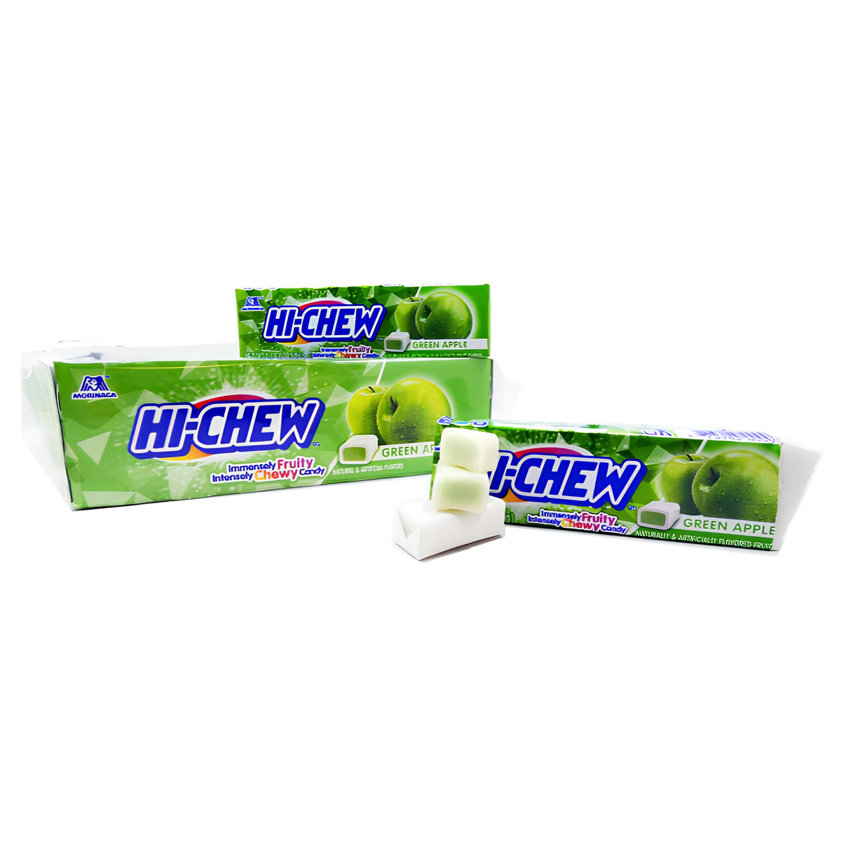 A pack of Hi Chew Green Apple Fruit Chews with a green and white wrapper, depicting the fruit chews and the brand logo.