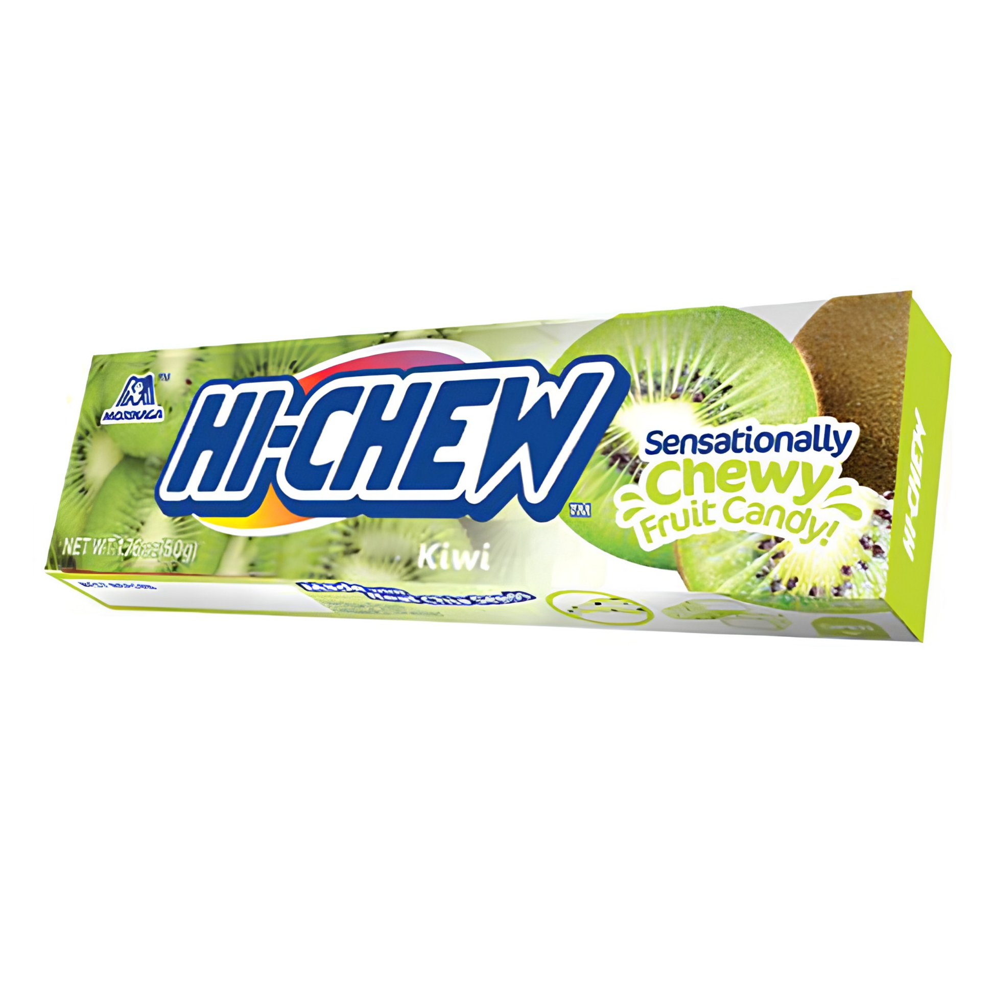 Hi-Chew Kiwi Fruit Chews featuring individually packaged soft, chewy kiwi-flavored candy with bright, juicy tropical fruit flavor.
