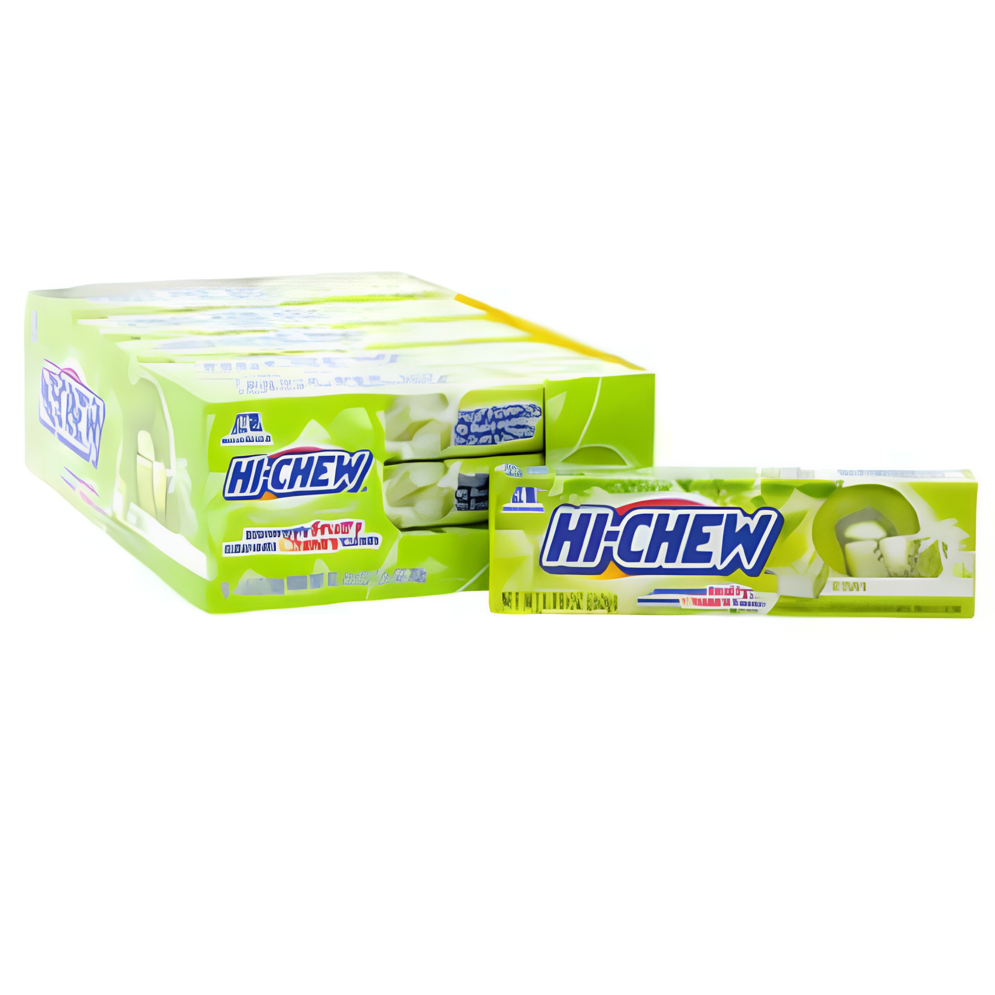 Hi-Chew Kiwi Fruit Chews featuring individually packaged soft, chewy kiwi-flavored candy with bright, juicy tropical fruit flavor.