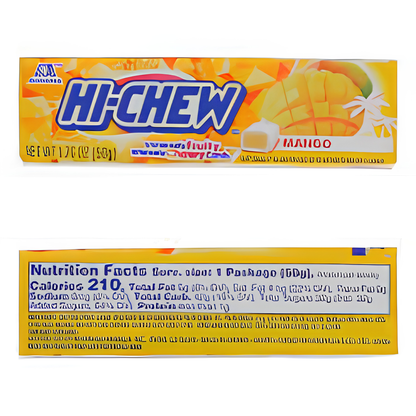 Hi-Chew Mango Fruit Chews featuring individually packaged soft, chewy mango-flavored candy with juicy tropical fruit flavor.