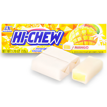 Hi-Chew Mango Fruit Chews featuring individually packaged soft, chewy mango-flavored candy with juicy tropical fruit flavor.