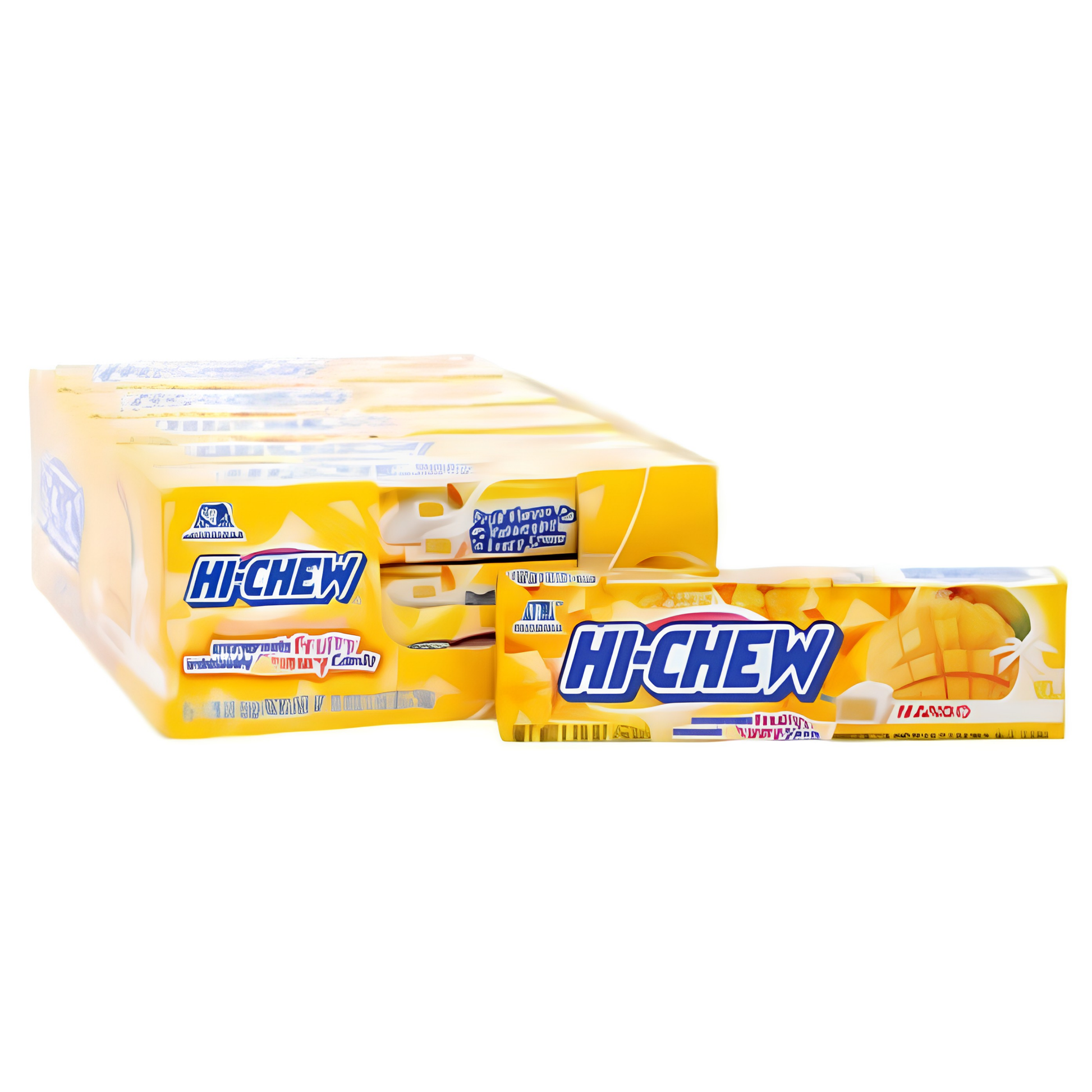 Hi-Chew Mango Fruit Chews featuring individually packaged soft, chewy mango-flavored candy with juicy tropical fruit flavor.