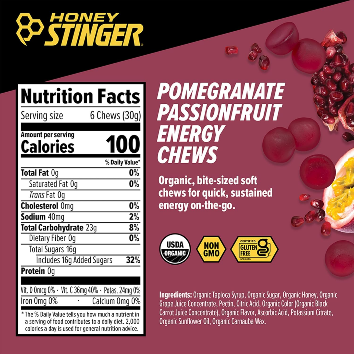 Honey Stinger Classic Pomegranate Passionfruit Energy Chews 1.8oz 12ct