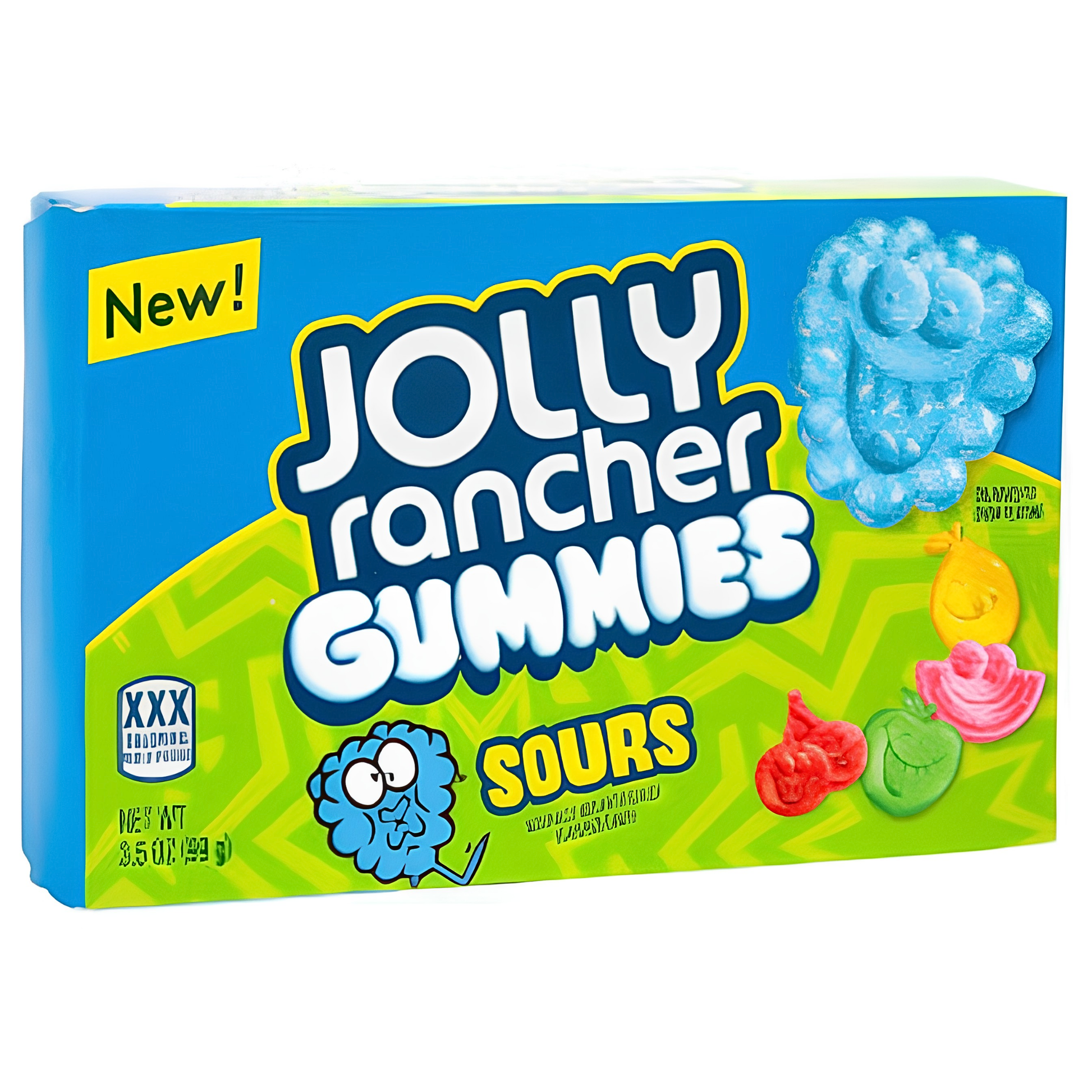 A box of Jolly Rancher Gummies Sours, featuring a bright blue and lime green package with cartoon gummy characters and illustrations of sour candy pieces.