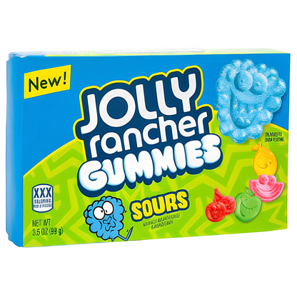 A box of Jolly Rancher Gummies Sours, featuring a bright blue and lime green package with cartoon gummy characters and illustrations of sour candy pieces.
