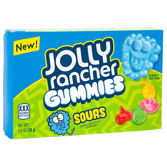 A box of Jolly Rancher Gummies Sours, featuring a bright blue and lime green package with cartoon gummy characters and illustrations of sour candy pieces.
