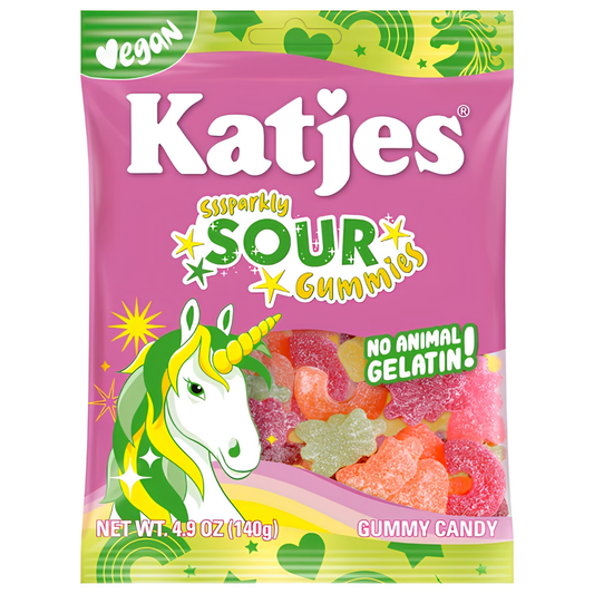 A bag of Katjes Ssparkly Sour Gummies, featuring a pink and green packaging design with a cartoon unicorn illustration and a clear window showing the colorful sour gummy candies inside.