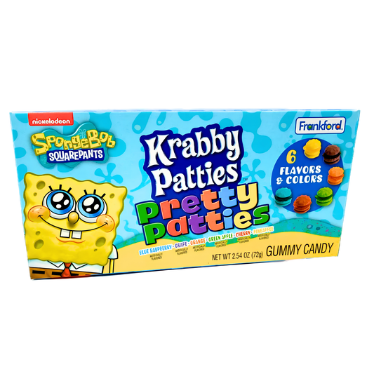 A box of SpongeBob Squarepants Krabby Patties Pretty Patties Gummy Candy by Nickelodeon and Frankford.
