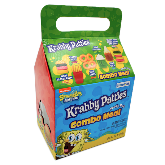 A SpongeBob Krabby Patties Combo Meal gummy candy box by Friskifford, featuring a colorful packaging design with SpongeBob on the front and illustrations of various Krabby Patties and candy items on the top panel.