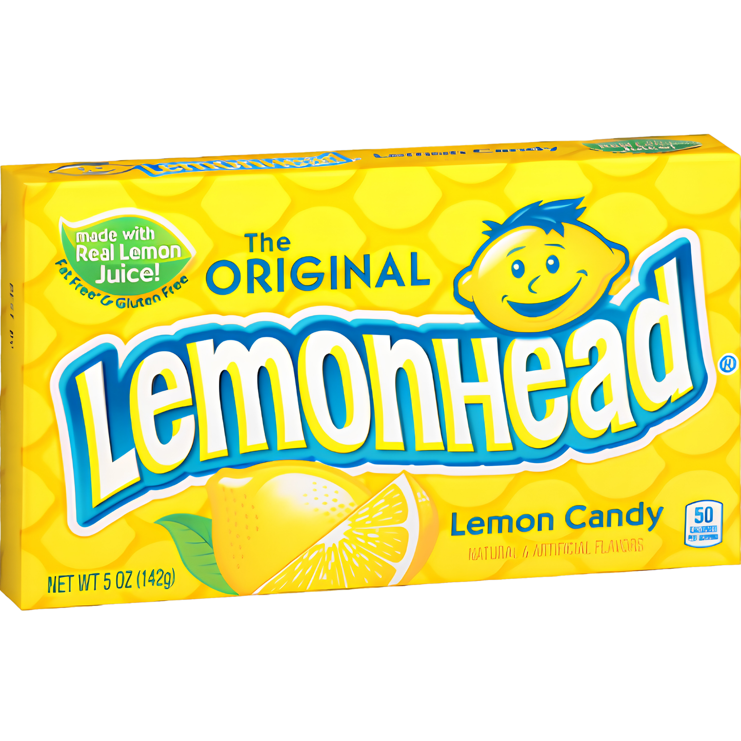 A box of LemonHead Lemon Candy, featuring the brand's signature bright yellow packaging with a honeycomb pattern, a cartoon lemon character, and a lemon slice illustration.