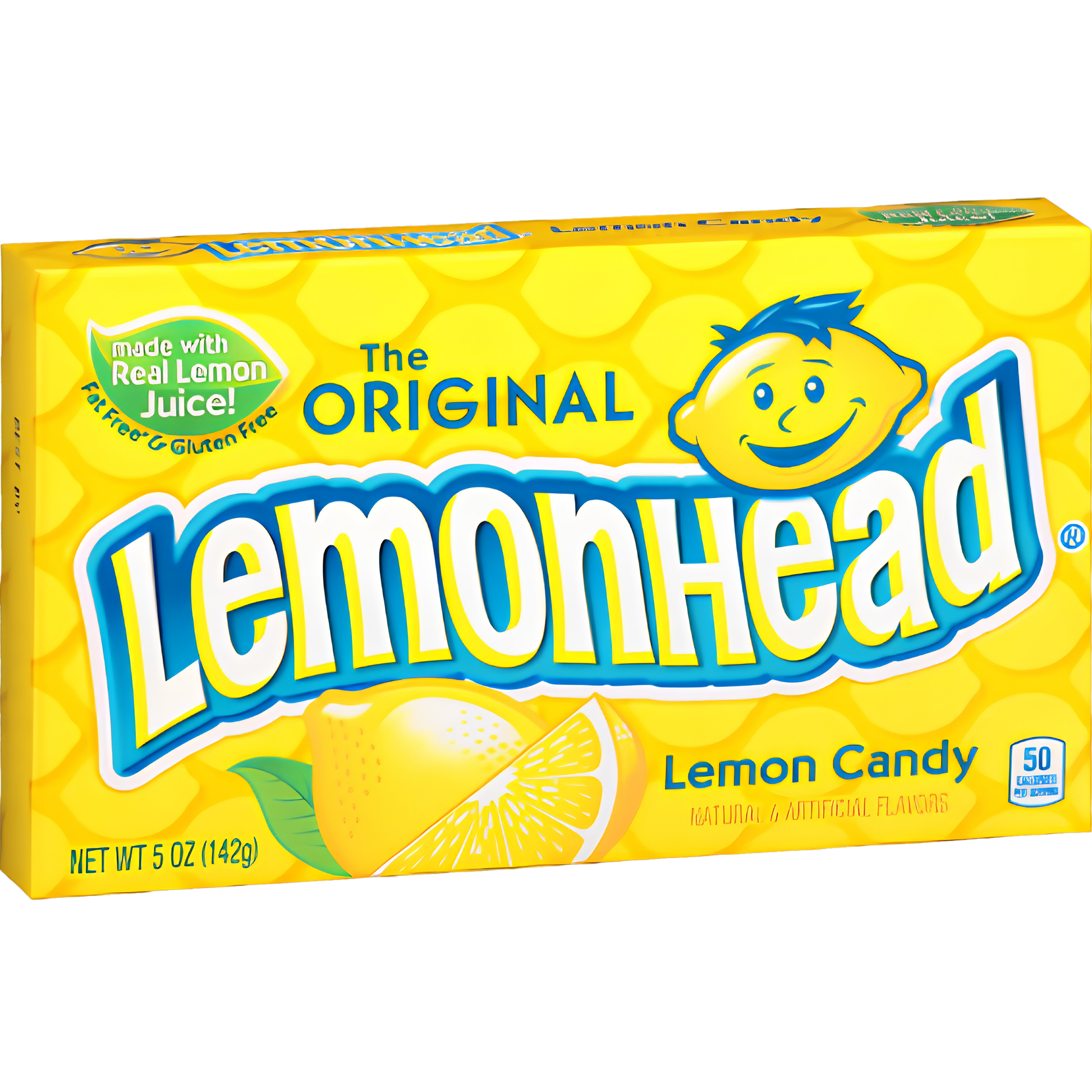 A box of LemonHead Lemon Candy, featuring the brand's signature bright yellow packaging with a honeycomb pattern, a cartoon lemon character, and a lemon slice illustration.