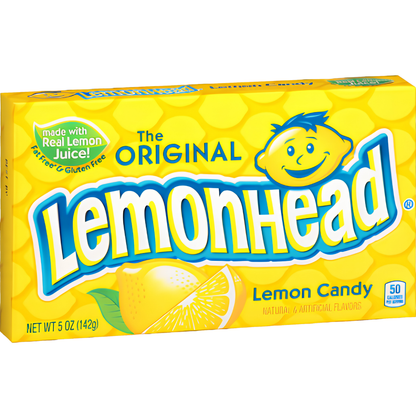 A box of LemonHead Lemon Candy, featuring the brand's signature bright yellow packaging with a honeycomb pattern, a cartoon lemon character, and a lemon slice illustration.