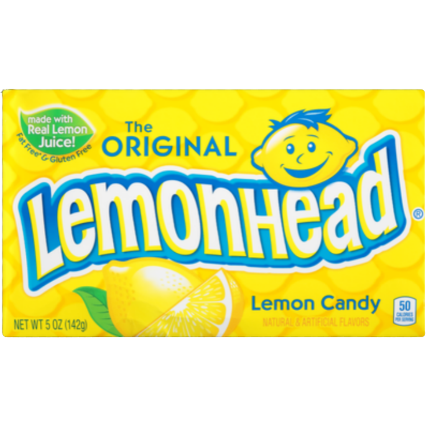A box of LemonHead Lemon Candy, featuring the brand's signature bright yellow packaging with a honeycomb pattern, a cartoon lemon character, and a lemon slice illustration.