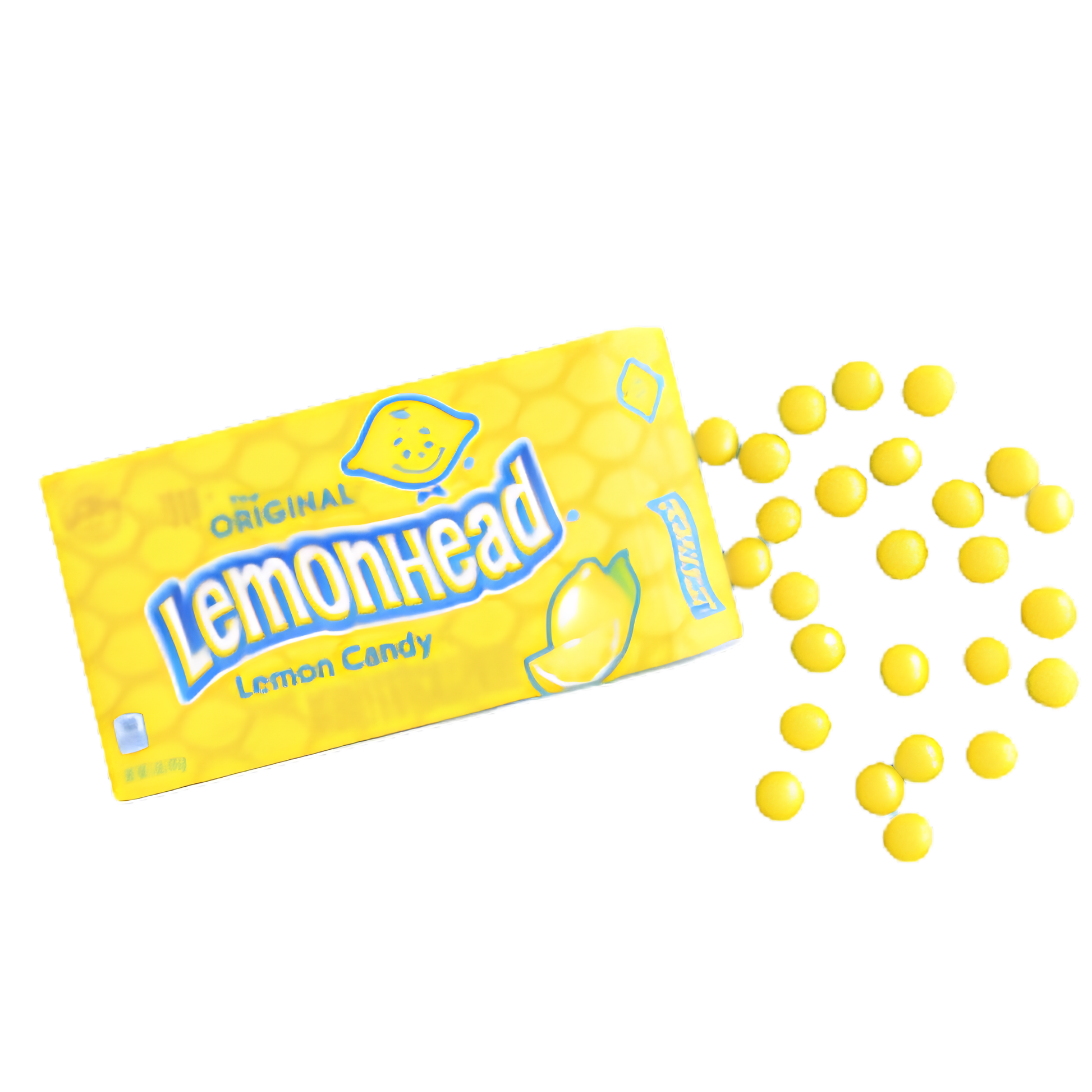 A yellow box of Lemonhead lemon candy with several yellow round candies spilled out beside it on a plain white background.