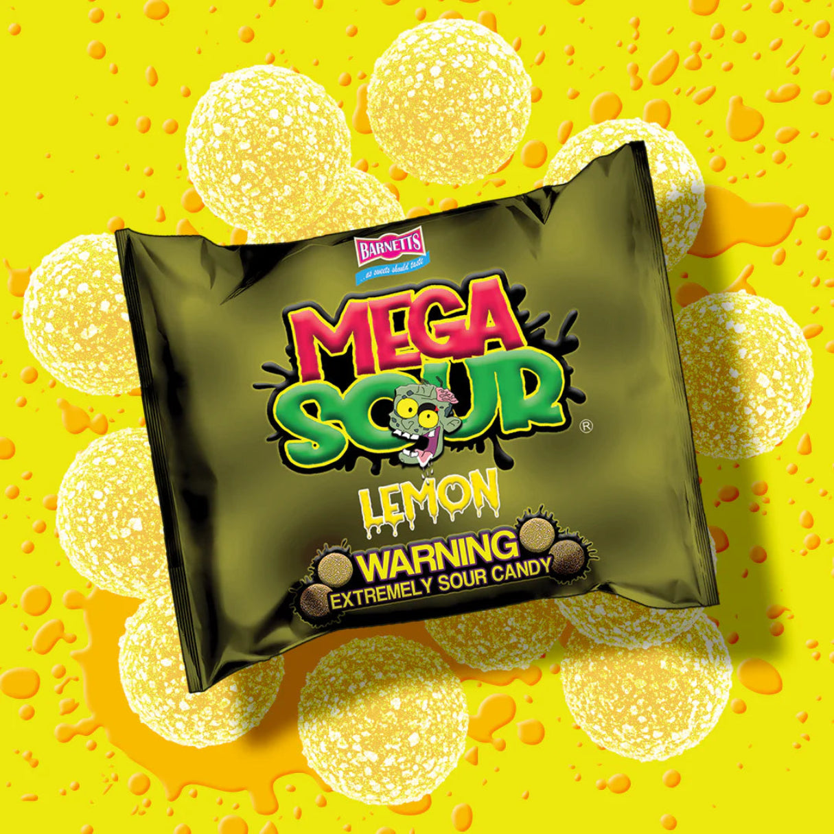 Barnetts Mega Sour Lemon candy bag with sour lemon candy balls on bright yellow background