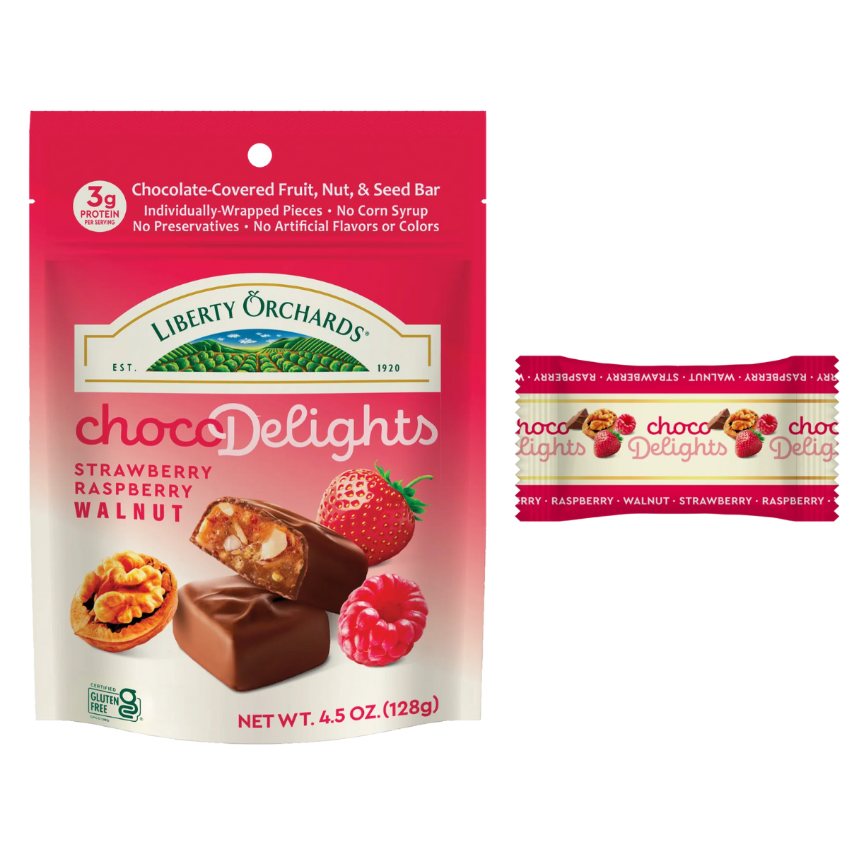 Liberty Orchards Choco Delights Strawberry Raspberry & Walnut Peg Bag 4.5oz - 9ct