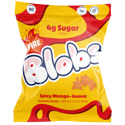 A bag of Blubs Fire Spicy Mango-Guava gummy candy. The packaging is bright yellow with bold red and white branding, featuring a small illustration of three orange-red gummy bears near the bottom center.