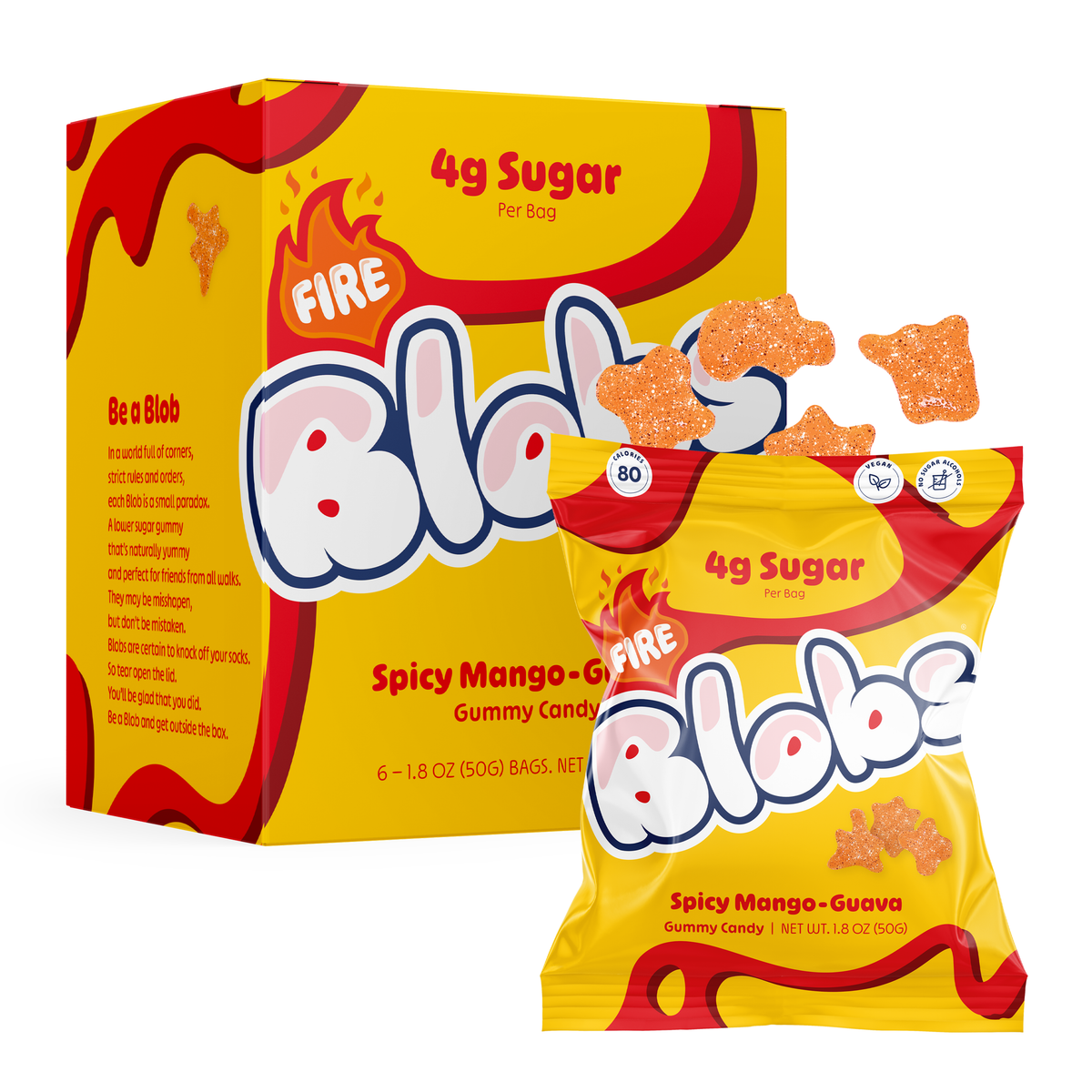 A box and a single bag of Bloble Fire Spicy Mango-Guava gummy candy, shown on a clean white background. The packaging features a bright yellow and red design with the brand name 'Bloble' in large stylized letters.