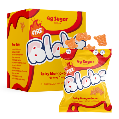A box and a single bag of Bloble Fire Spicy Mango-Guava gummy candy, shown on a clean white background. The packaging features a bright yellow and red design with the brand name 'Bloble' in large stylized letters.