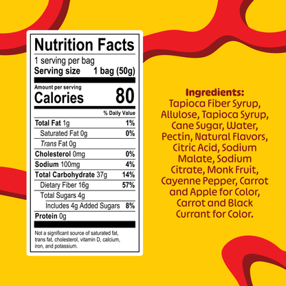 A nutrition facts label for a bag of flavored fiber syrup, shown on a bright yellow background with red abstract swirls. The label reads 'Nutrition Facts' and lists calories, fat, cholesterol, carbohydrates, sugars, and protein.