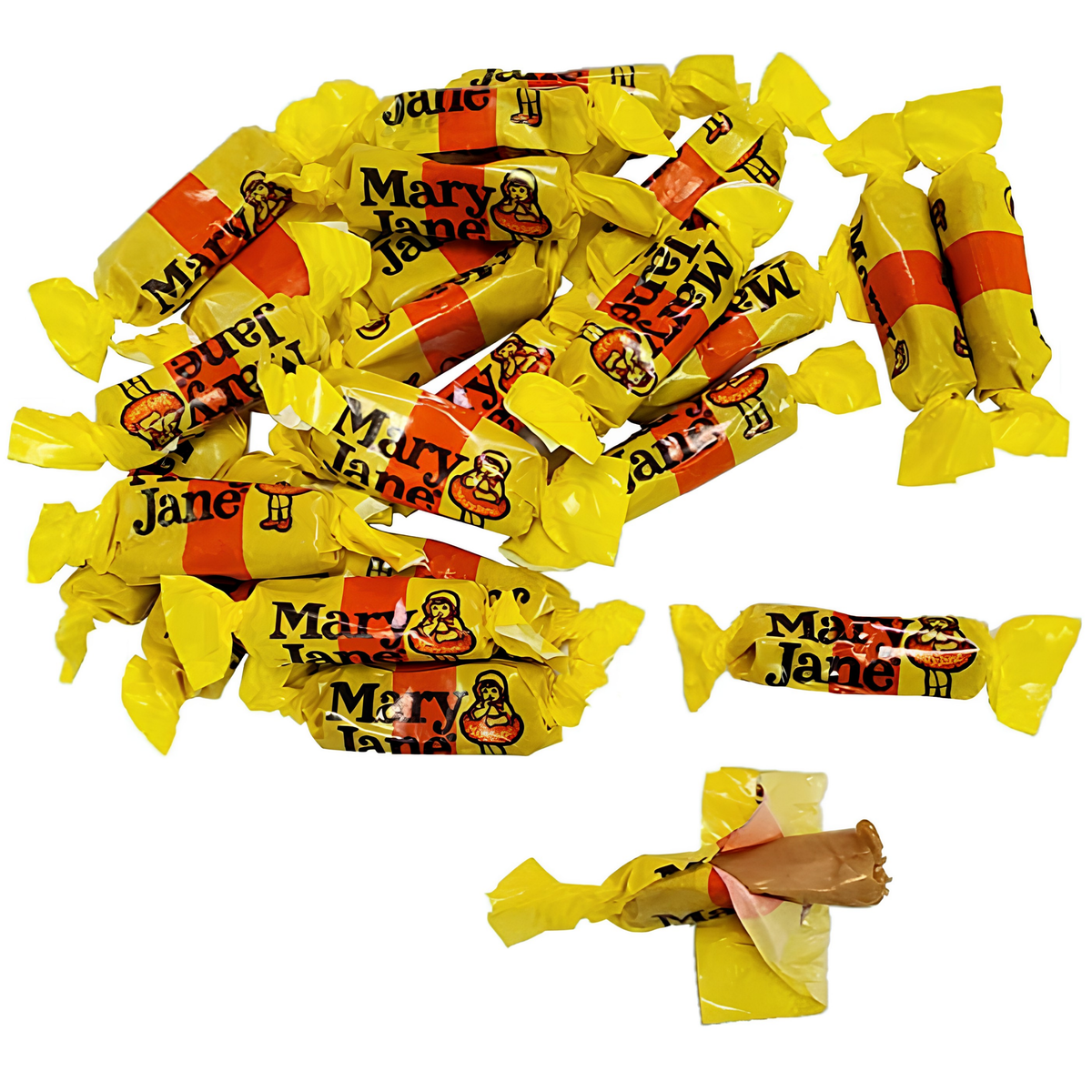 A pile of Mary Jane hard candy pieces wrapped in bright yellow paper with red bands and the Mary Jane logo.