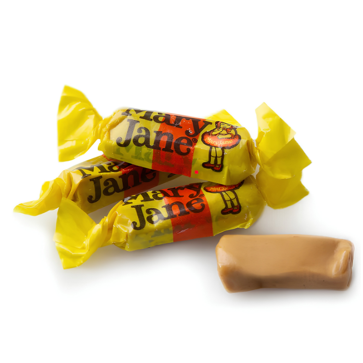 Three wrapped Mary Jane hard candies with one unwrapped caramel candy in front.