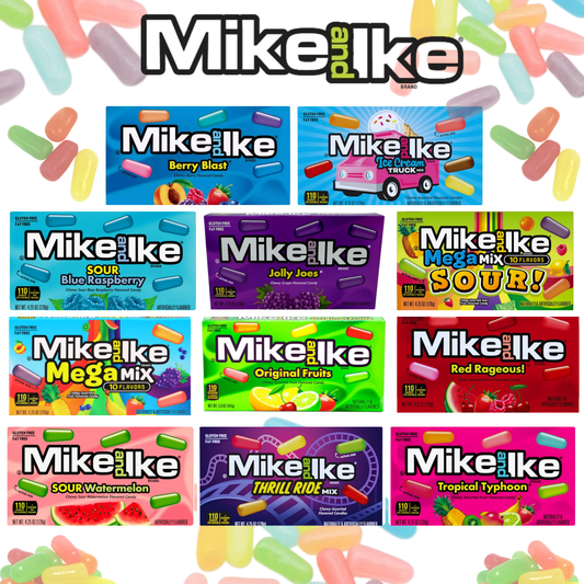 Mike and Ike candy variety — 11 flavors including Berry Blast, Ice Cream Truck, Sour Blue Raspberry, Jolly Joes, Mega Mix Sour, Mega Mix, Original Fruits, Red Rageous, Sour Watermelon, Thrill Ride Mix, and Tropical Typhoon