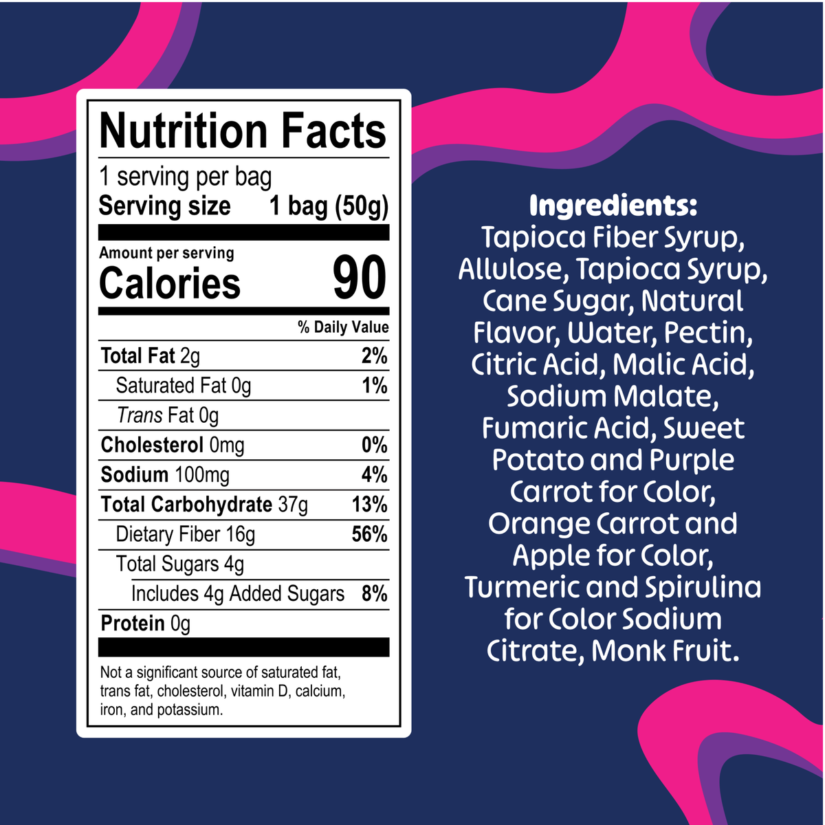 A close-up of a product label showing Nutrition Facts and Ingredients on a dark blue background with bold pink abstract shapes. The label is white with black text and lists calories, fat, sugar, protein, and ingredients including tapioca fiber syrup, allulose, cane sugar, natural flavor, water, pectin, citric acid, malic acid, sodium malate, fumaric acid, sweet potato and purple carrot for color, orange carrot and apple for color, turmeric and spirulina for color, and monk fruit.