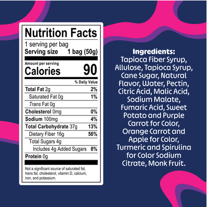 A close-up of a product label showing Nutrition Facts and Ingredients on a dark blue background with bold pink abstract shapes. The label is white with black text and lists calories, fat, sugar, protein, and ingredients including tapioca fiber syrup, allulose, cane sugar, natural flavor, water, pectin, citric acid, malic acid, sodium malate, fumaric acid, sweet potato and purple carrot for color, orange carrot and apple for color, turmeric and spirulina for color, and monk fruit.