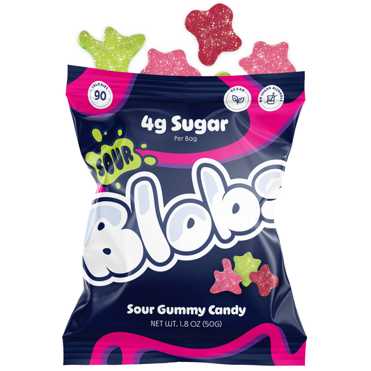 A bag of Blobs Sour Gummy Candy, 1.8 oz (50g), featuring a dark navy blue bag with bright pink and white branding, with several colorful star-shaped gummies floating above the bag against a white background.
