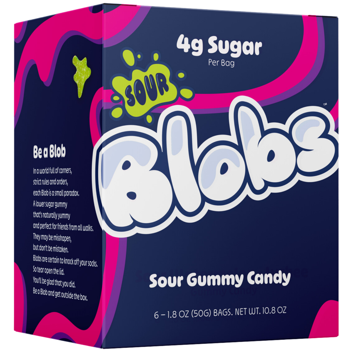 A box of Sour Gummy Candy by Be a Blob, featuring a dark navy blue packaging design with bright pink and purple wavy accents, and large white bubbly 'Blob' lettering.